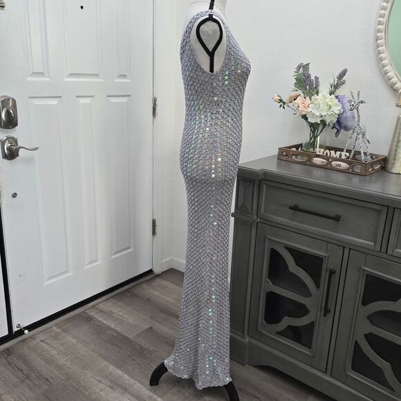 Women's Hand Crochet Sequin Sparkly Gown Shawl Silver S Formal Elegant DiscoLuxe - Picture 4 of 16